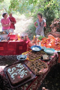 Élisabeth, cuisinière émérite et militante, invite les participants à déguster une myriade de desserts (Trescléoux, 23 août 2013)